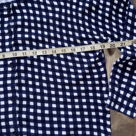 Navy/White Gingham Cotton Cardigan Houndstooth Plaid Button Front 3/4 Sleeve MED - Picture 6 of 10